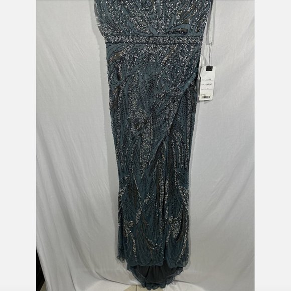 NWT $598 Mac Duggal [ 12 ] Intricate Beaded V-Neck High Slit Gown Charcoal #Q565 - Picture 8 of 16